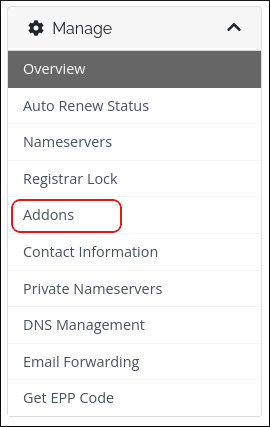 Customer Portal - Domains - Manage sidebar - Addons