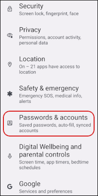 Android - Settings - Passwords & accounts