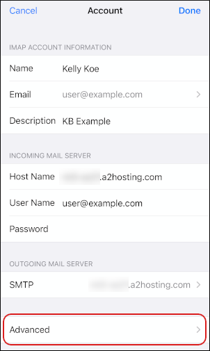 iOS - Mail - Accounts - IMAP - Advanced