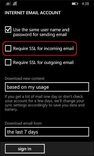Windows Phone - add account - advanced setup - Require SSL