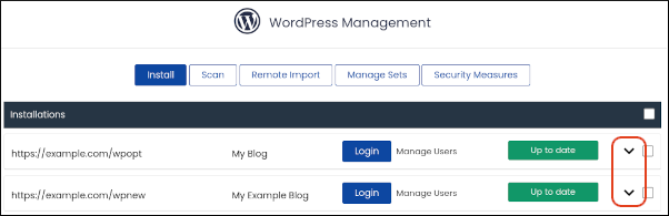Softaculous - WordPress Manager - Site list - Down arrow